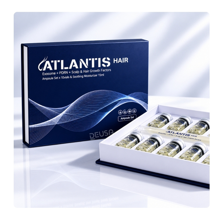 Atlantis Hair, set de ampolletas con exosomas, PDRN y factores de crecimiento para la revitalización capilar profesional distribuido por DEUSA.