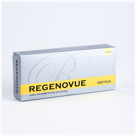 Relleno dérmico de ácido hialurónico Regenovue Deep Plus para voluminización facial y labios.