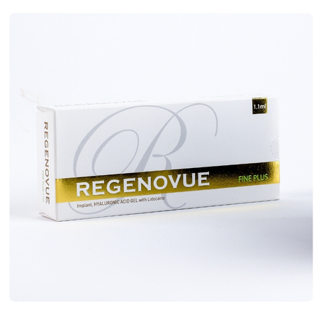 Relleno dérmico Regenovue Fine Plus con ácido hialurónico 24mg/ml y lidocaína para corrección de arrugas finas.